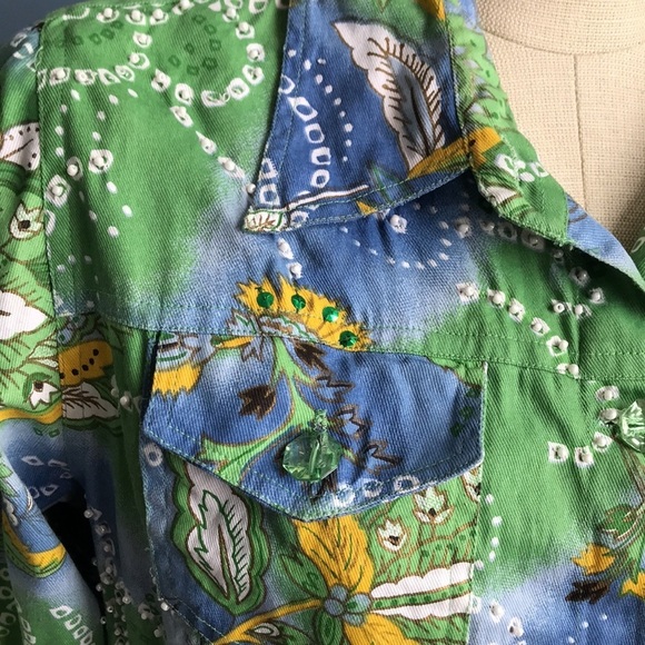 Y2K Keren Hart blue green yellow button down lightweight jean jacket size M - Picture 4 of 13